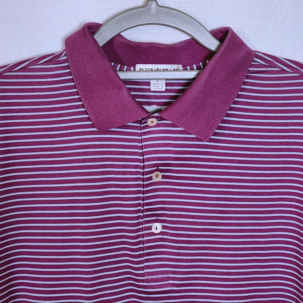Peter Millar Striped Golf Polo Cotton Shirt Mens Large Embroidered Sleeve Purple